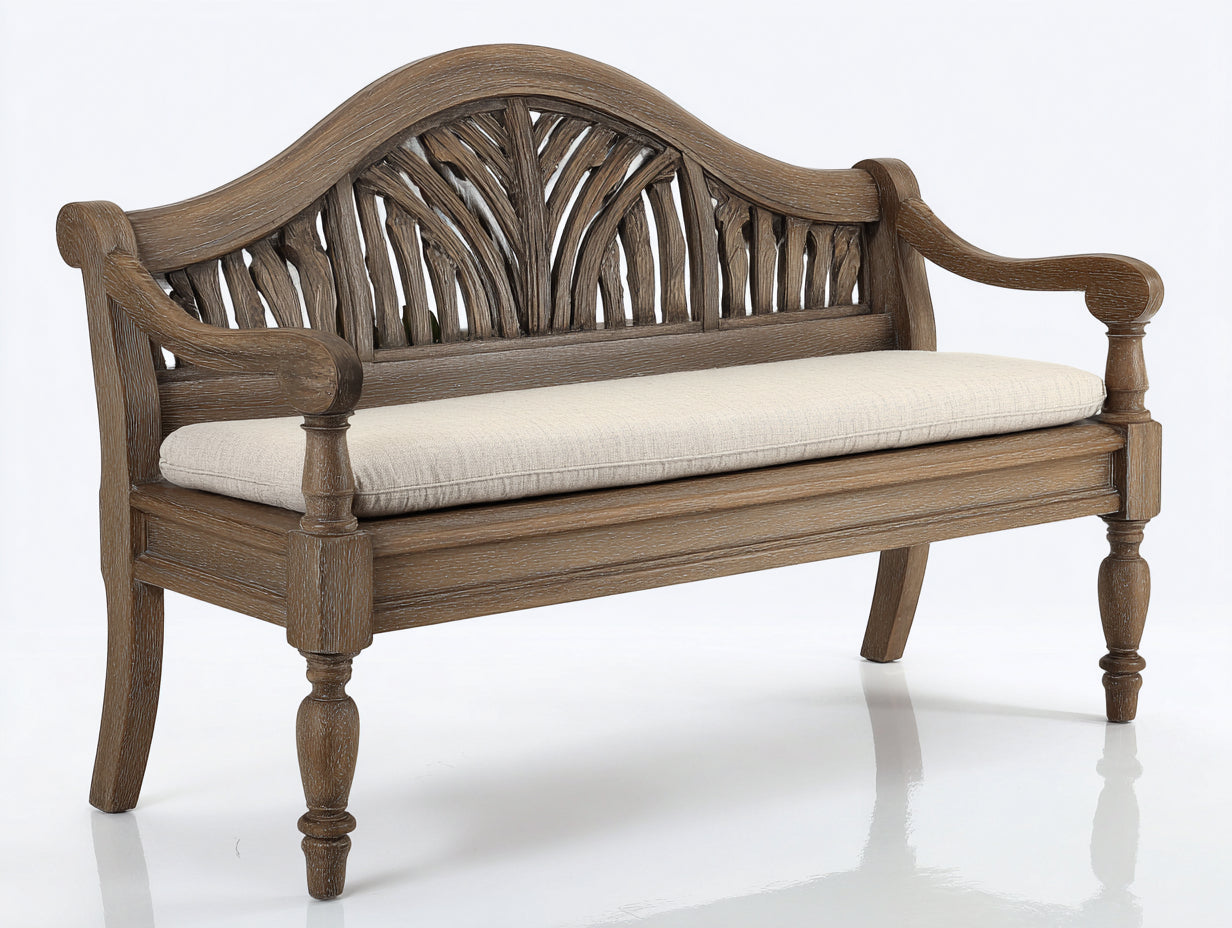 Banco de jardín madera diseño clásico 120x60x90 cm - marrón natural - asiento acolchado para exterior