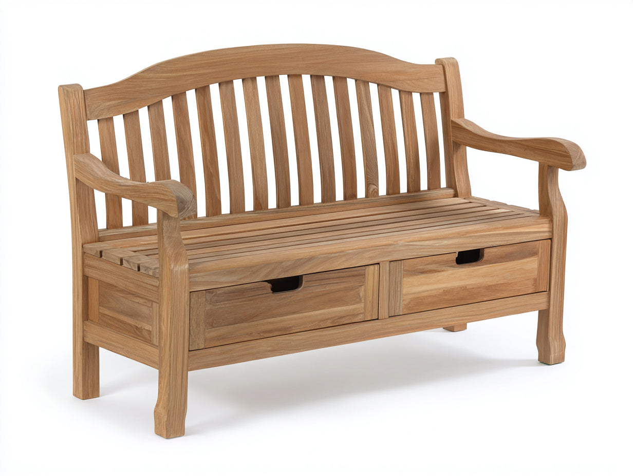 Banco de jardín de madera 180x65x95 cm natural con cajones de almacenamiento estilo clásico