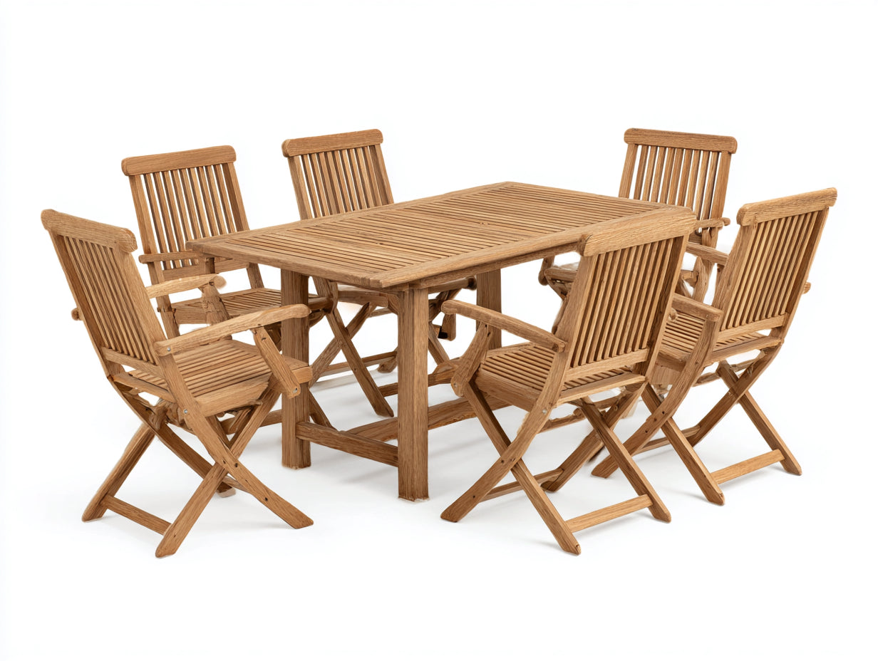 Conjuntos de comedor de jardín madera 160x90x75 cm - marrón natural - mesa rectangular con 6 sillas plegables para exterior