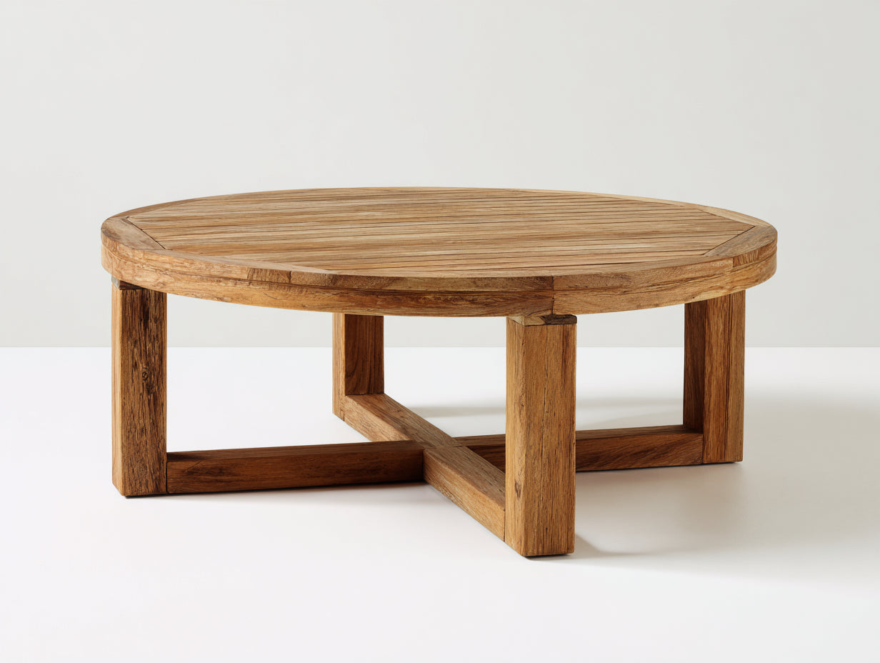 Mesa de jardín redonda de madera 120x120x45 cm - Color natural - Diseño moderno bajo para exterior