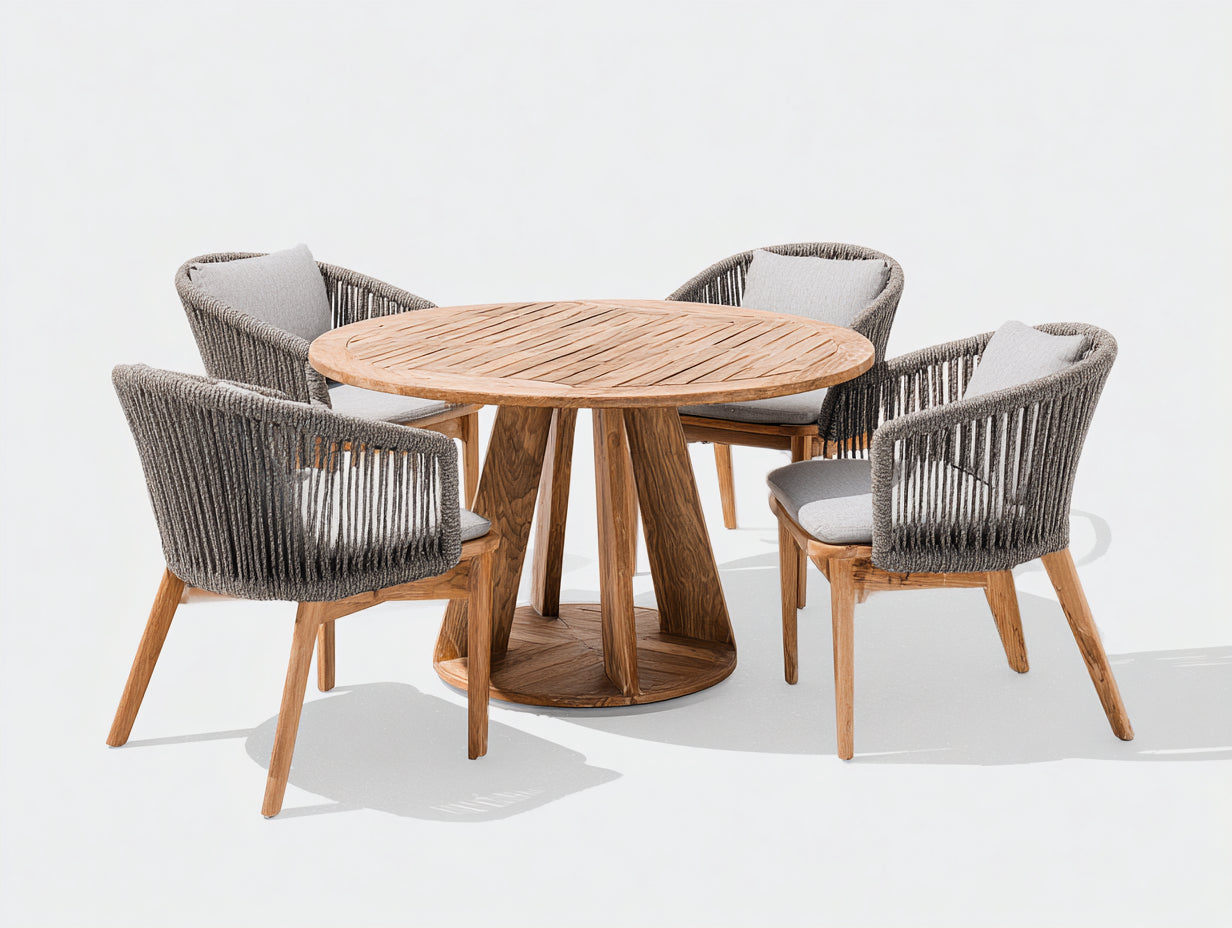 Conjunto de comedor de jardín madera de teca y cuerda trenzada 120x120x75 cm - Color natural y gris - Estilo moderno para exterior