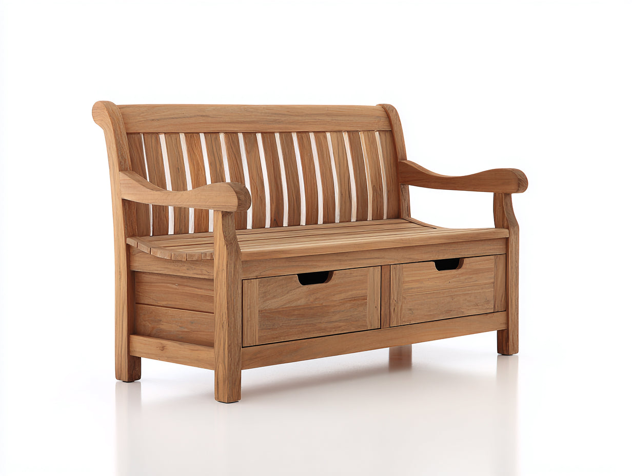 Banco de jardín madera 120x60x90 cm - color marrón natural - con cajones de almacenamiento para exterior