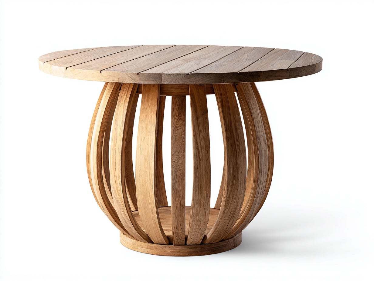 Mesa de jardín redonda madera de teca 130x130x75 cm - Color natural - Diseño moderno con base curva para exterior