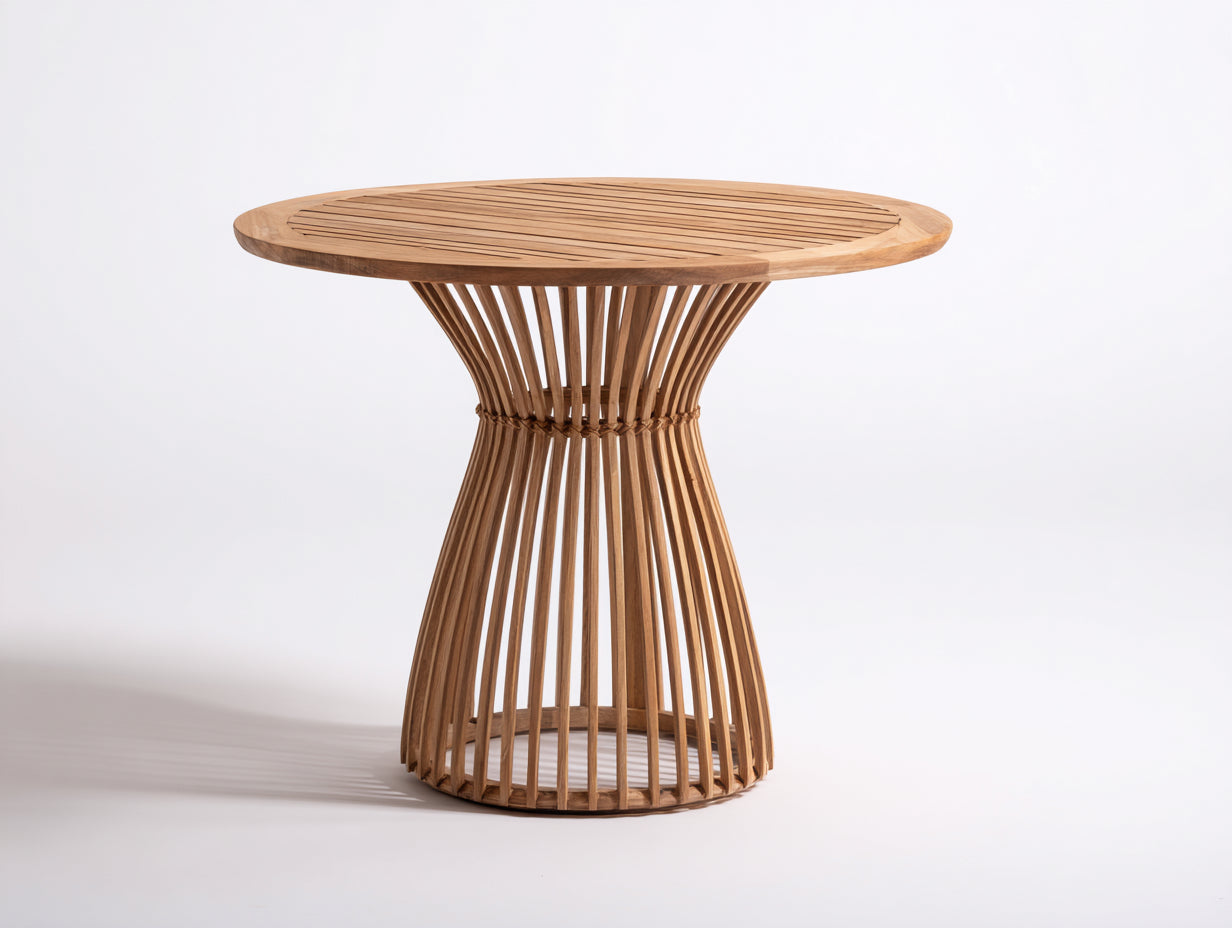 Mesa de jardín redonda madera de teca 120x120x75 cm - Color natural - Diseño moderno con base decorativa para exterior